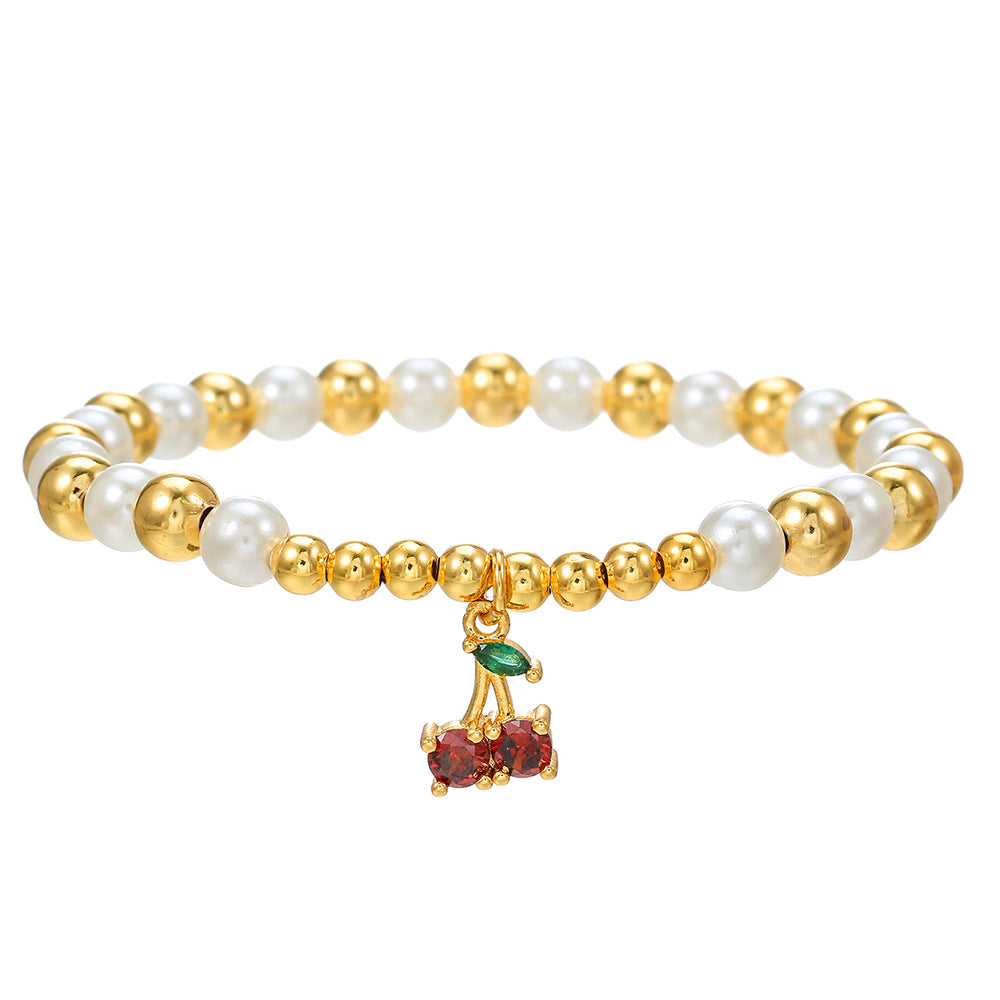 Cherry Heart Cross Fruit Shape Brass Bracelet with Cubic Zirconia and Pearl Inlay for Unisex