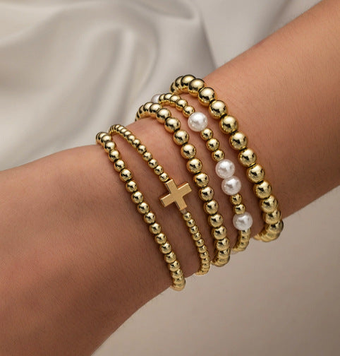 Minimalist Geometric Gold Plated Hematite Pearl Beaded Bracelet for Women