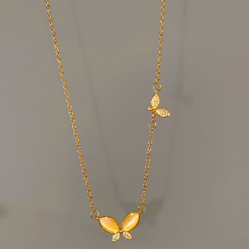 Sweet Butterfly Titanium Steel Necklace with Cubic Zirconia and Cat's Eye Inlay Plated Finish Cable Chain