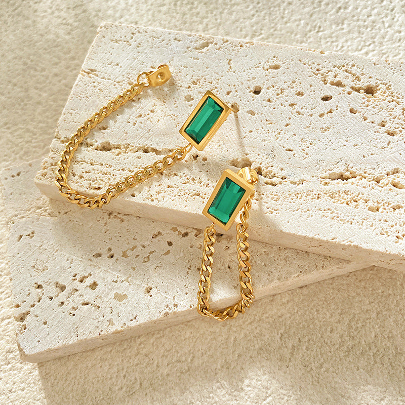 Green Cubic Zirconia Geometric Titanium Steel Plated Layered Necklace Set