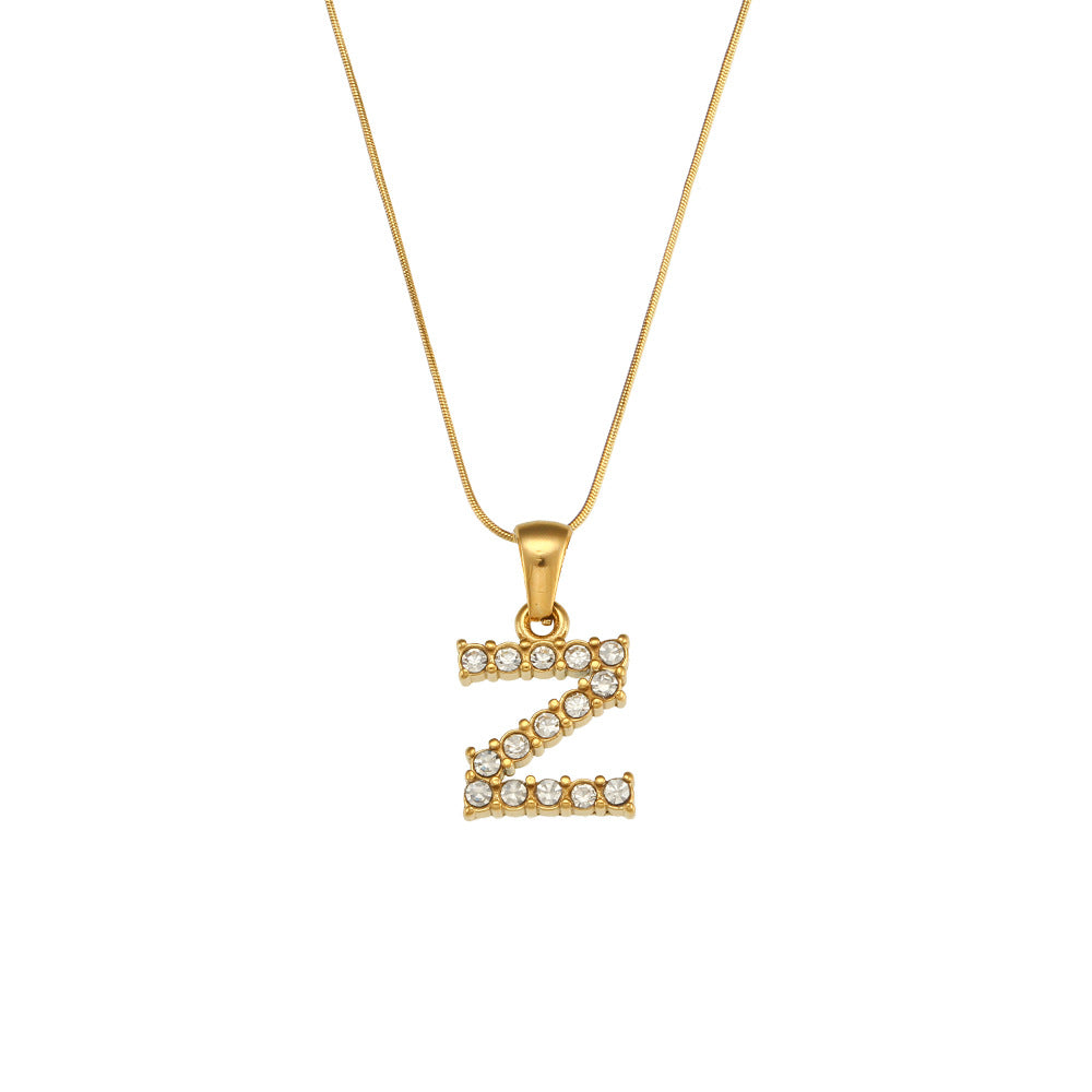 Fashion Minimalist Letter Pendant Necklace in Stainless Steel with 18K Gold Plating and Cubic Zirconia on Thin Snake Chain for Women