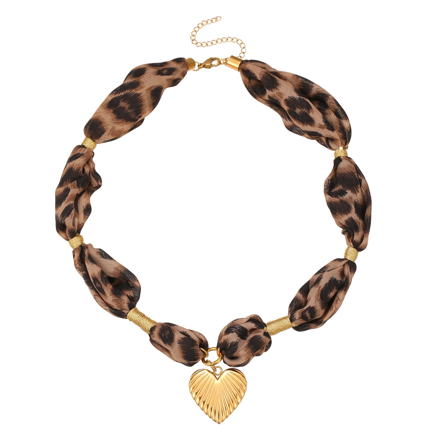 Collana con ciondolo a forma di cuore in acciaio inossidabile alla moda con foulard in seta leopardato, catena a medaglione placcata ipoallergenica per donne