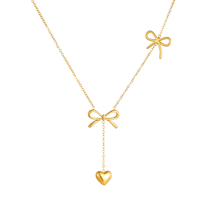 Minimalist Gold Plated Stainless Steel Bow and Tassel Pendant Necklace for Women