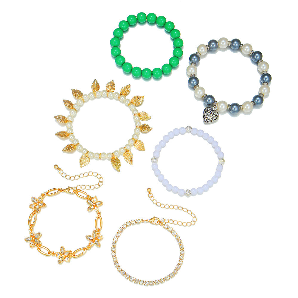 Bohemian Ethnic Floral Alloy Bracelet Set with Pearl Beads