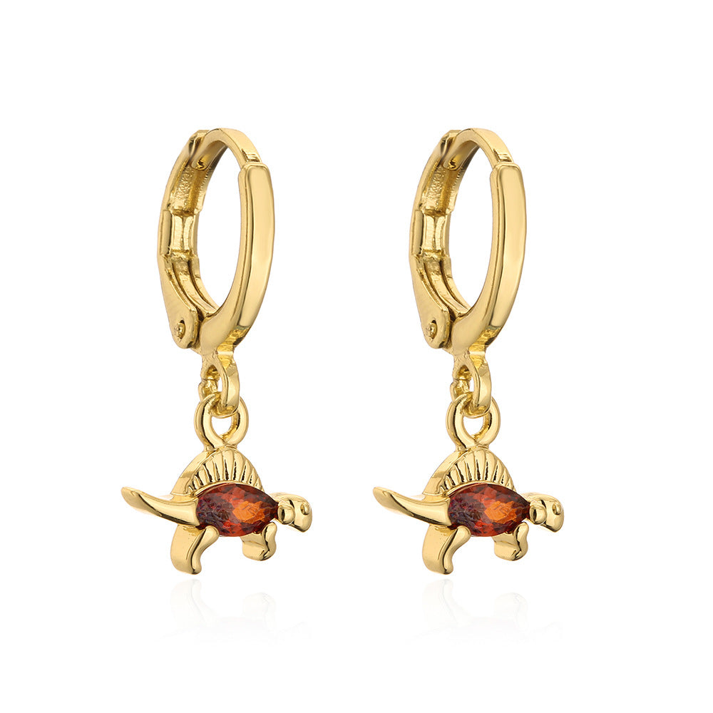 Cute Dinosaur-Shaped Earrings for Women with Copper Base and 18K Gold Plating, Micro-Paved Zirconia