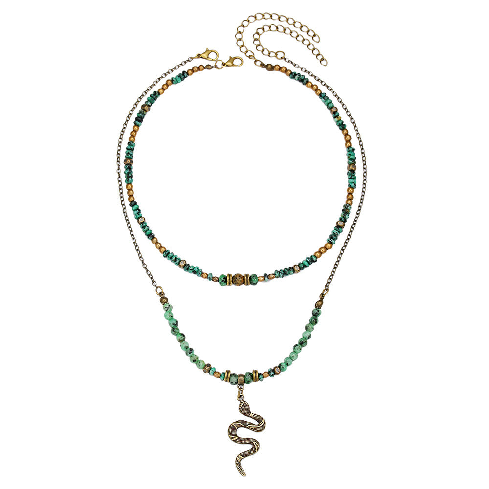 Vintage Bohemian Geometric Snake Alloy Pendant Necklace with Turquoise Beads for Women