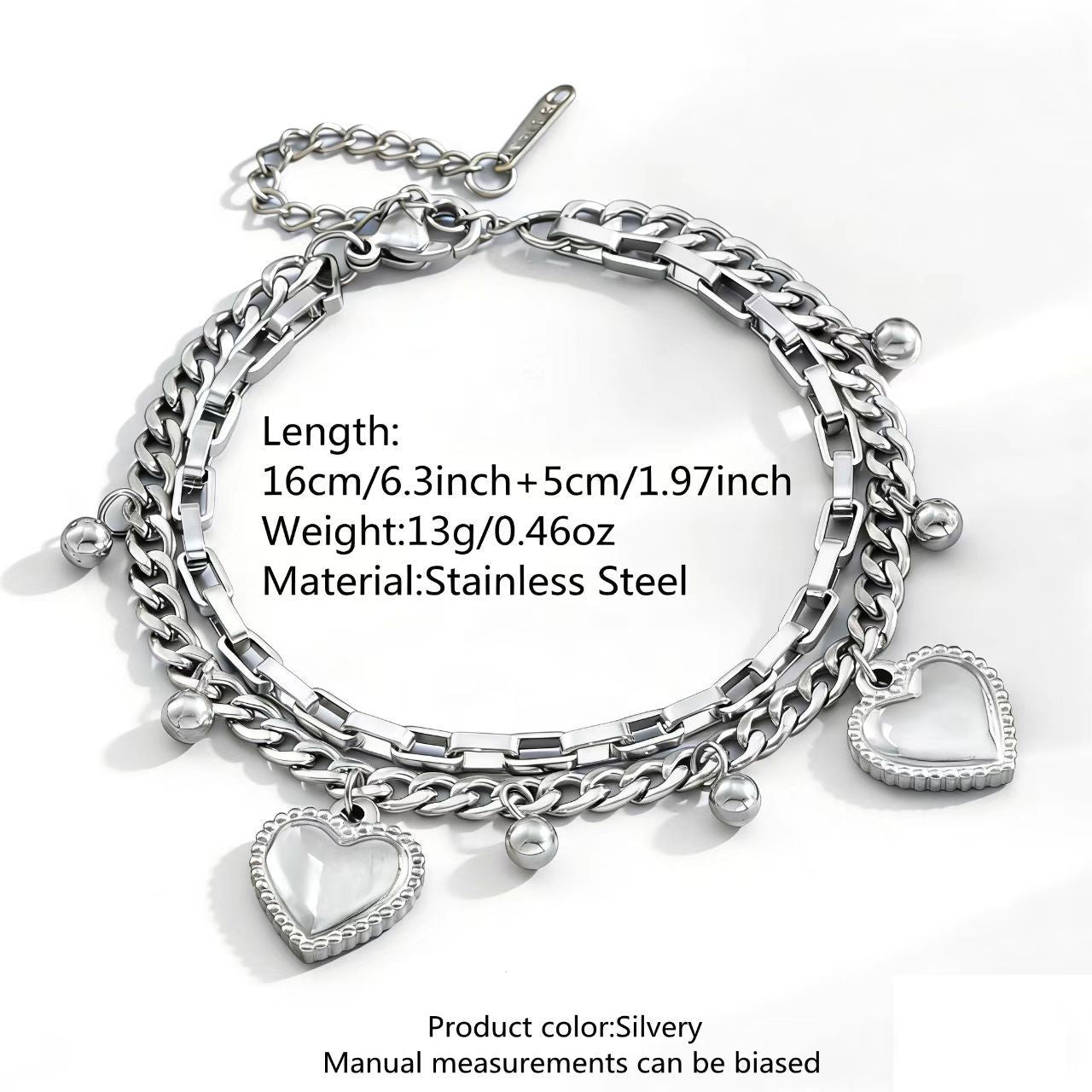 Elegant 18K Gold Plated Heart Stainless Steel Double Layer Bracelet for Women