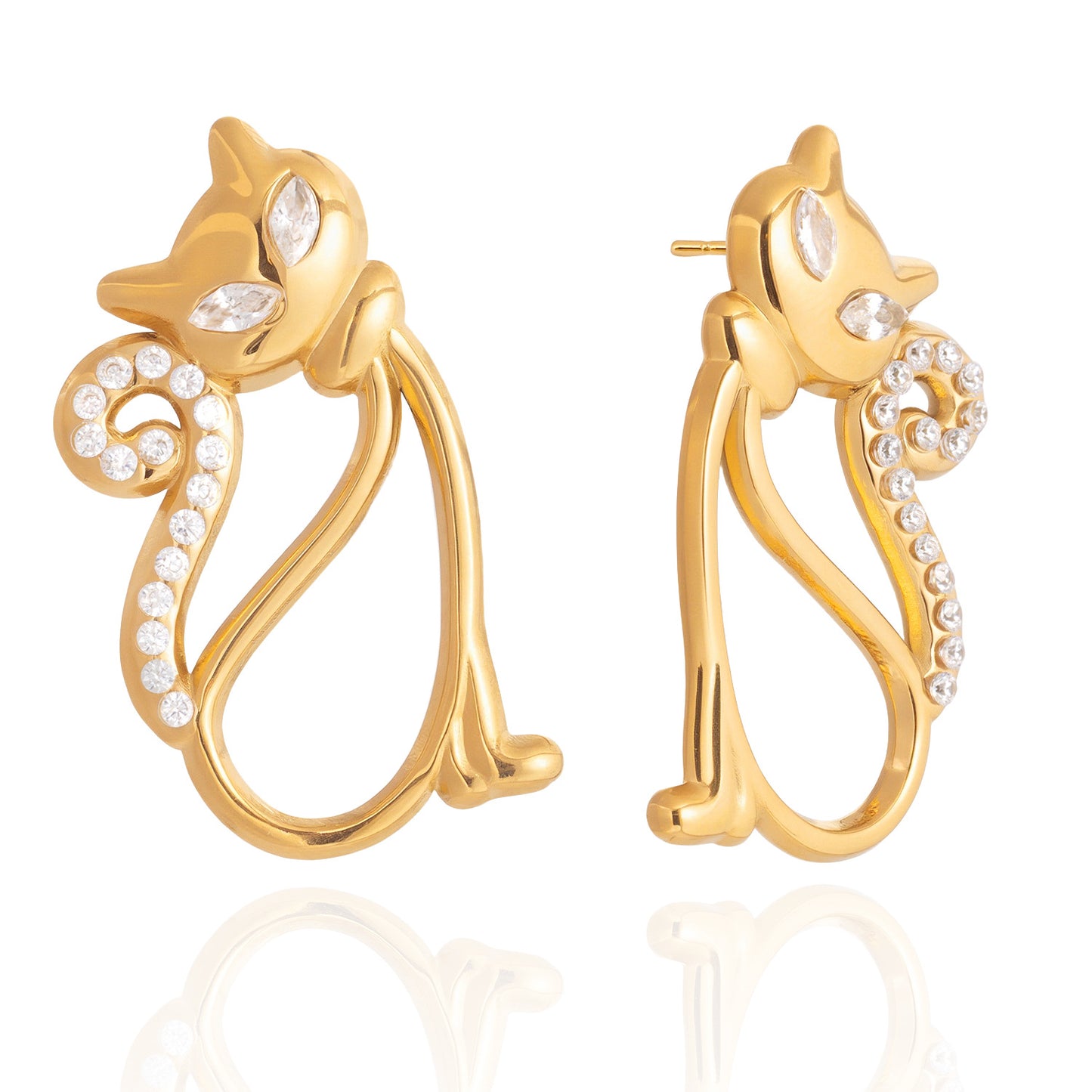 Orecchini a perno di lusso con gatto geometrico, placcati oro 18K, in acciaio inossidabile, con intarsio di strass, gioielli alla moda da donna