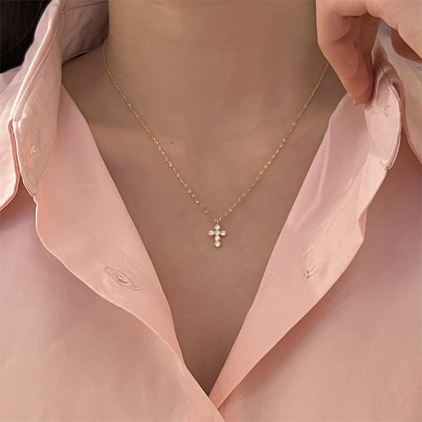 Minimalist Geometric Cross Pendant Necklace in 925 Sterling Silver with Rhinestone Inlay and Gold Plating on Snake Chain