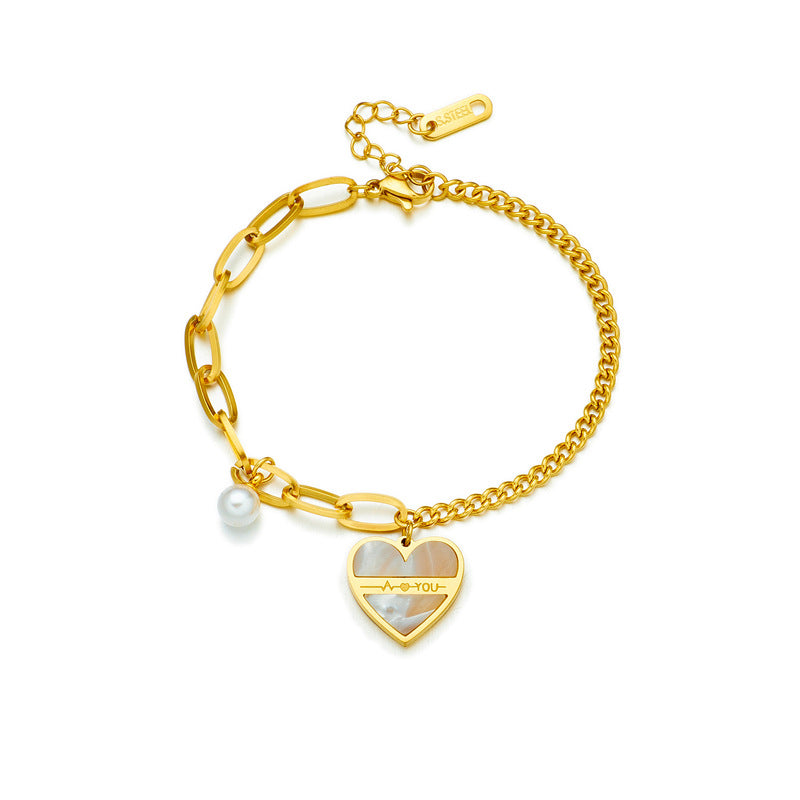 Pulsera de Corazón de Perlas Chapada en Acero de Titanio Asimétrica de Moda Vintage para Mujer