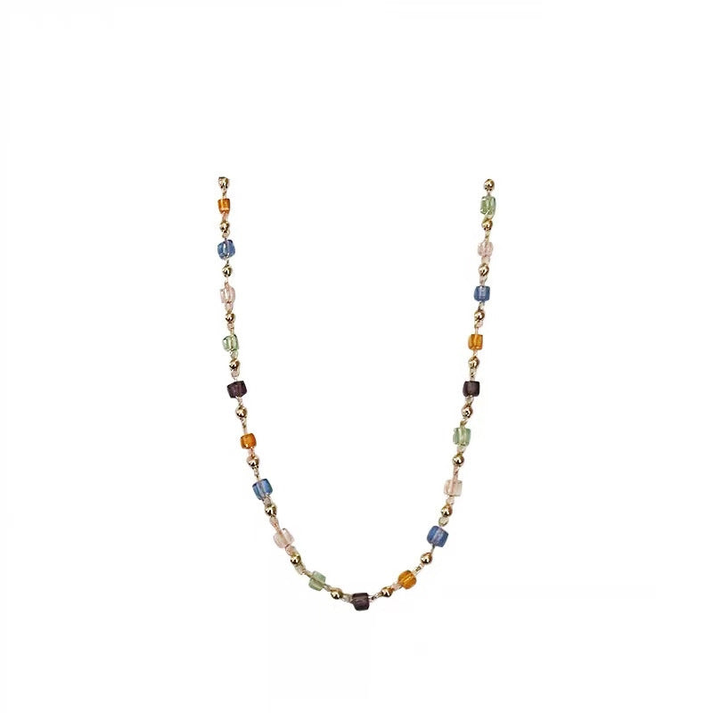 Colorful Dopamine Beaded Necklace for Women Geometric Glass Beads Snake Chain Lightweight Luxe Clavicle Necklace