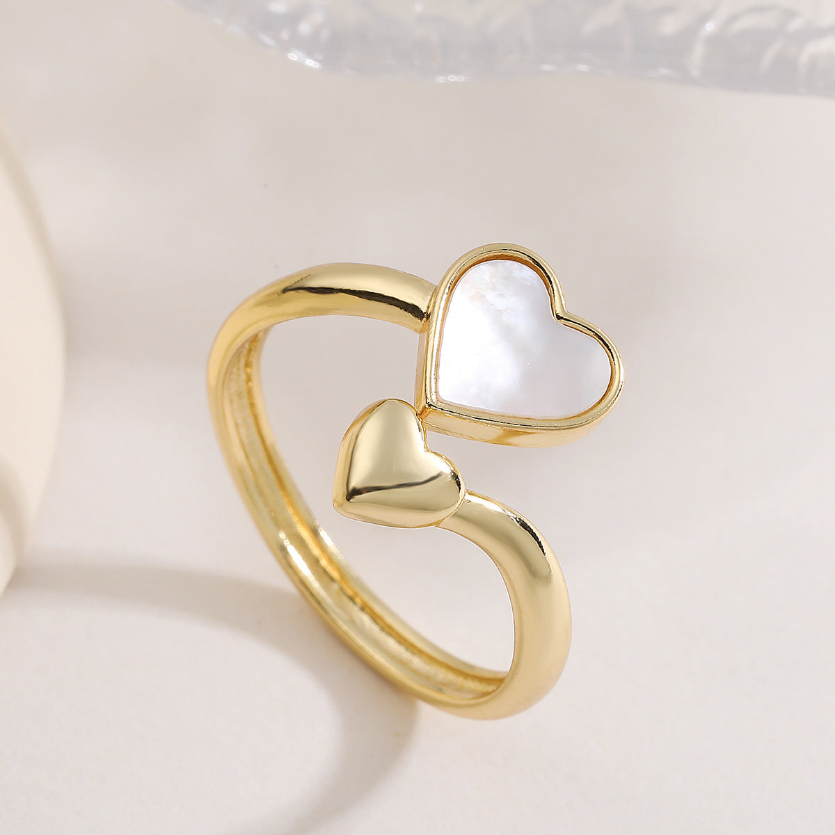 Minimalist 18K Gold Plated Brass Ring with Micro-Inlaid Shell Star Moon and Heart Geometric Design for Women