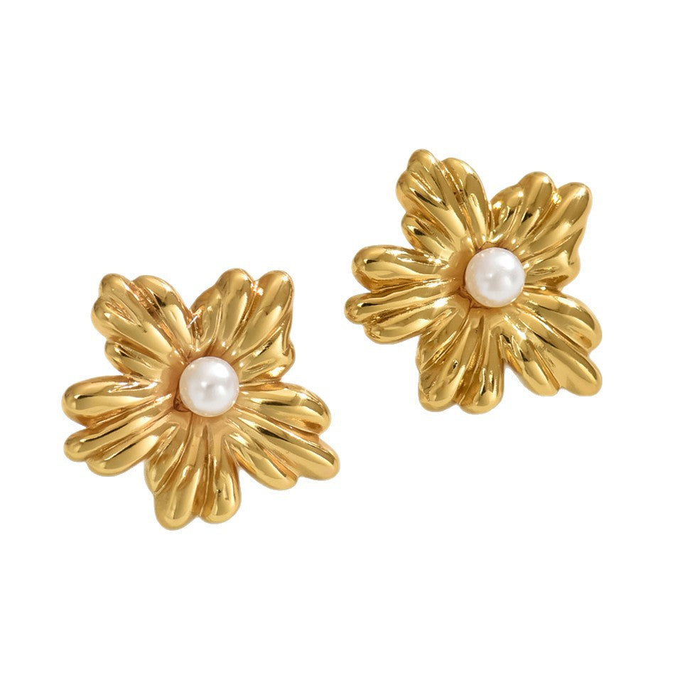 Vintage Elegant Floral Stamped Stainless Steel Earrings with Pearl