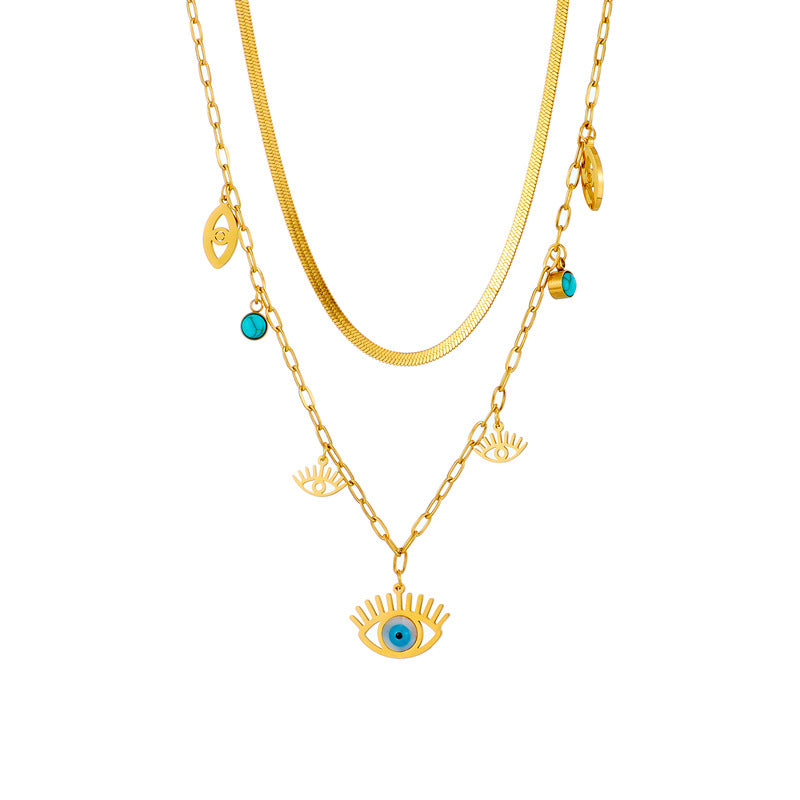 Vintage Ethnic Minimalist Evil Eye Turquoise Pendant Necklace in Titanium Steel with Plated Finish and Snake Chain
