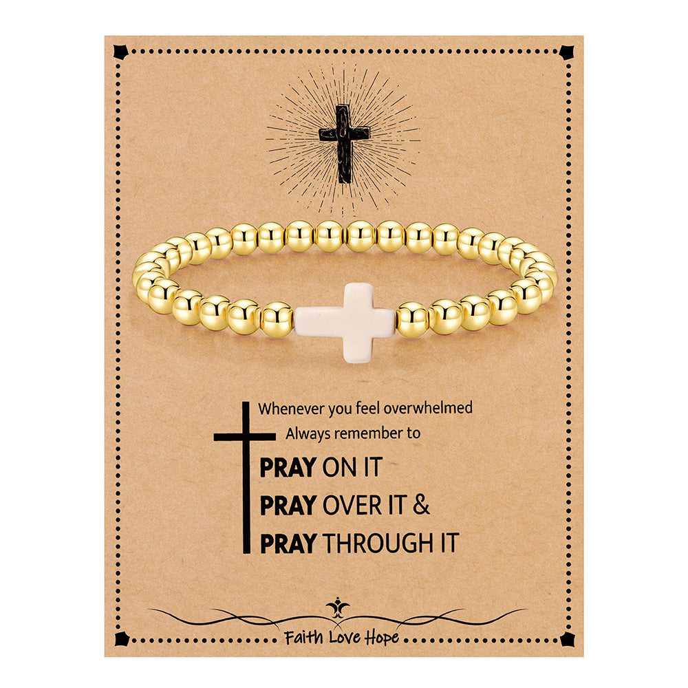 14K Gold Plated Hematite Bead Bracelet with Cross Pendant for Women