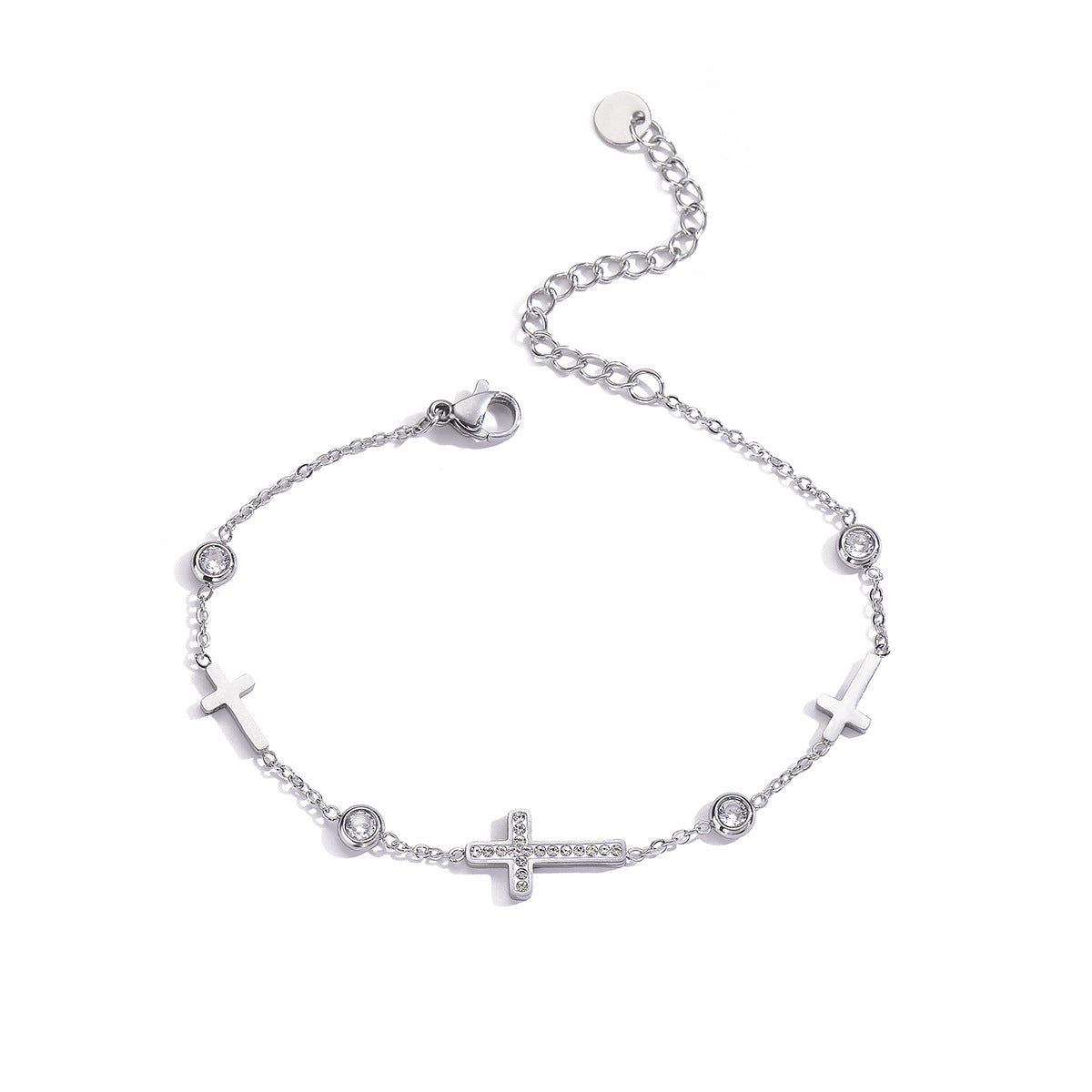 Minimalist Cross Pendant Stainless Steel Bracelet for Women with Gold Plating and Zircon Inlay