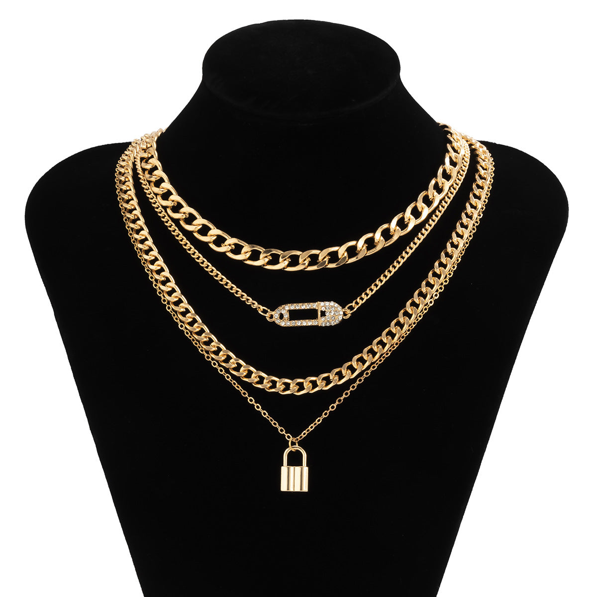 Set de collar con broche vintage en forma de candado para mujer, con colgante de aleación con acabado chapado, diseño geométrico, joyería de cadena fina en capas
