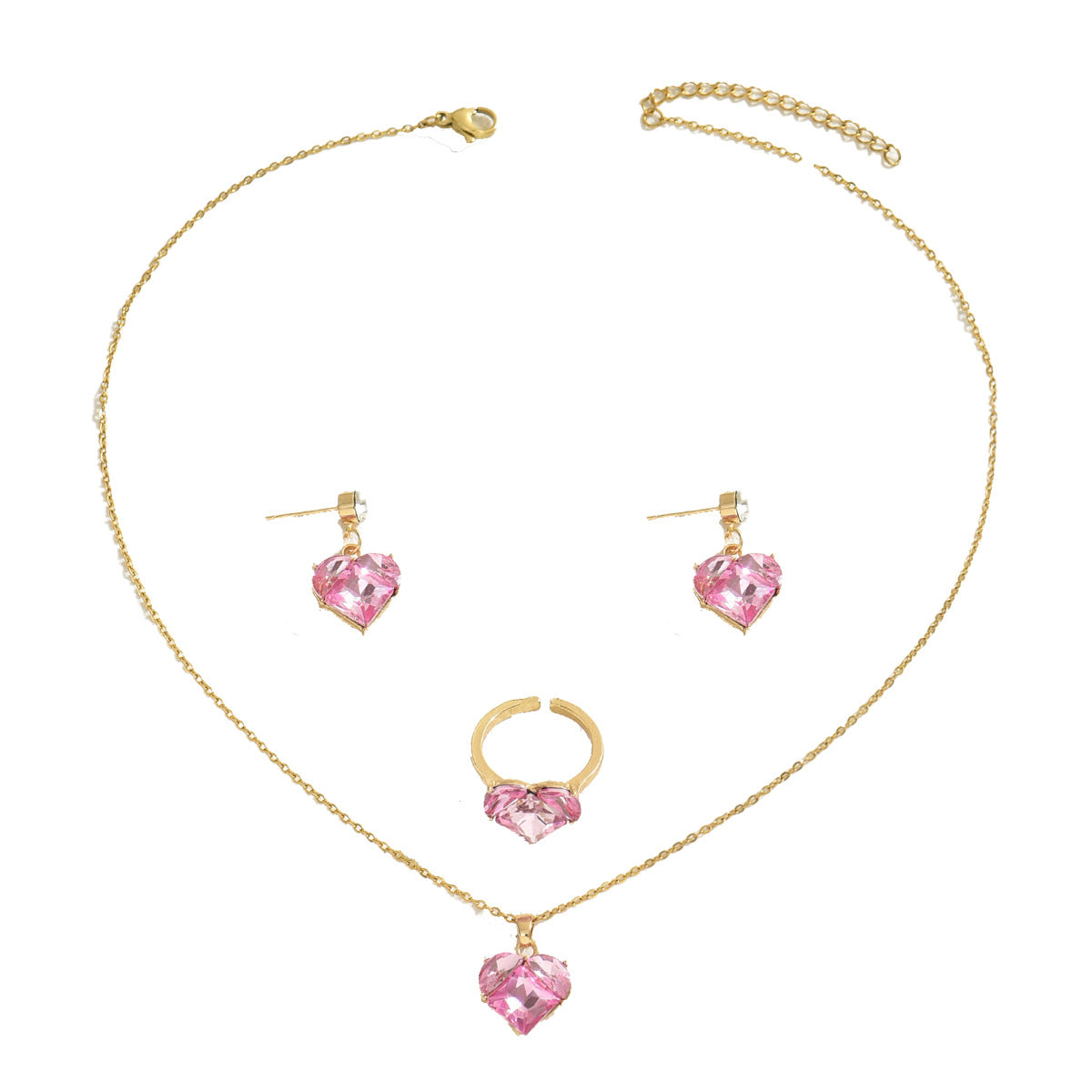 Conjunto de collar, pendientes y pulsera de cobre con circonitas incrustadas en forma de corazón para mujer