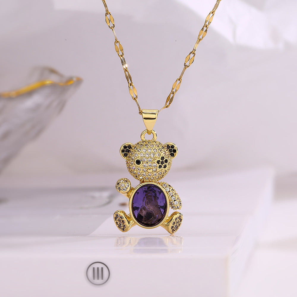 Cute Minimalist Bear-Shaped Copper Necklace with Real Gold Plating and Zircon Inlay for Women