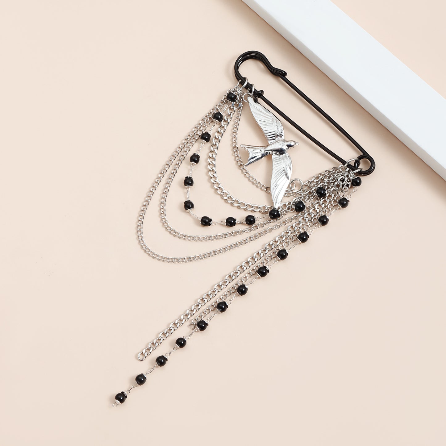 Fashion Geometric Alloy Plated Brooch with Black Beaded Tassel and Multi-layer Chain for Women