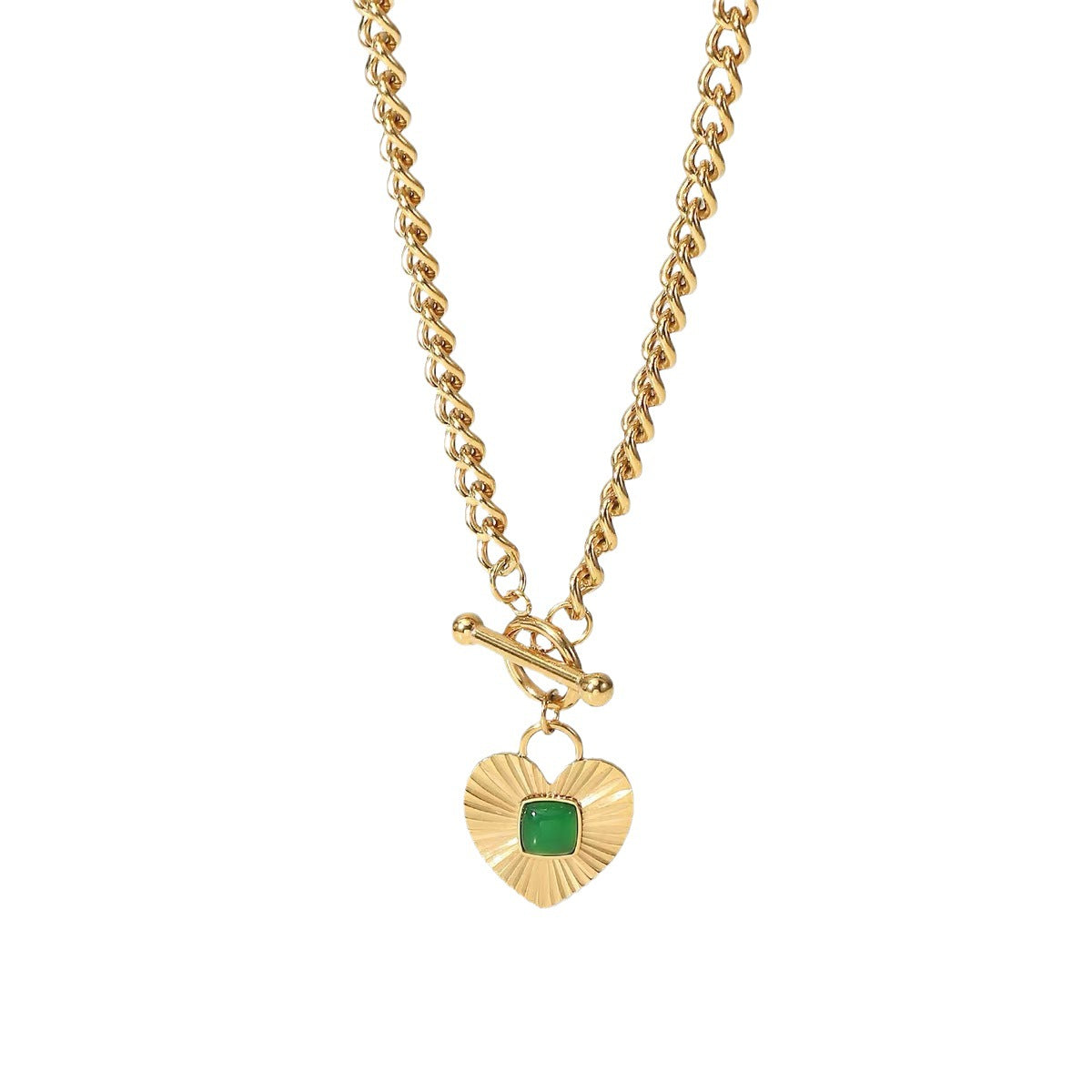 Collana Minimalista a Cuore Placcata in Acciaio al Titanio con Accento a Striscia di Zircone Verde su Catena Cuban