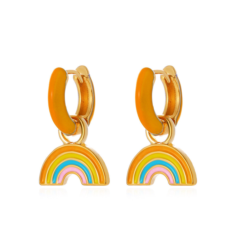 Orecchini da donna in lega con cuore arcobaleno minimalista a strisce effetto olio a goccia