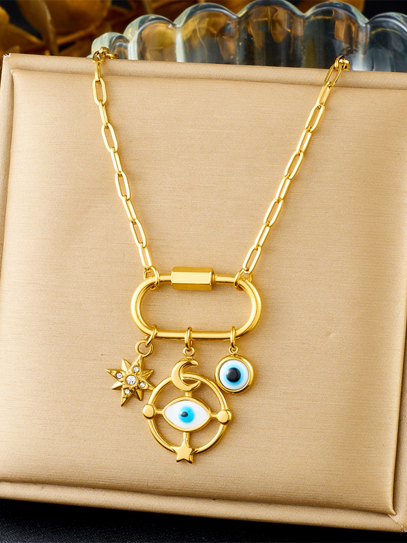 Personalized Ocean Creature Drop Oil Moon Ship Wheel Eye Pendant Stainless Steel Snake Chain Necklace for Women
