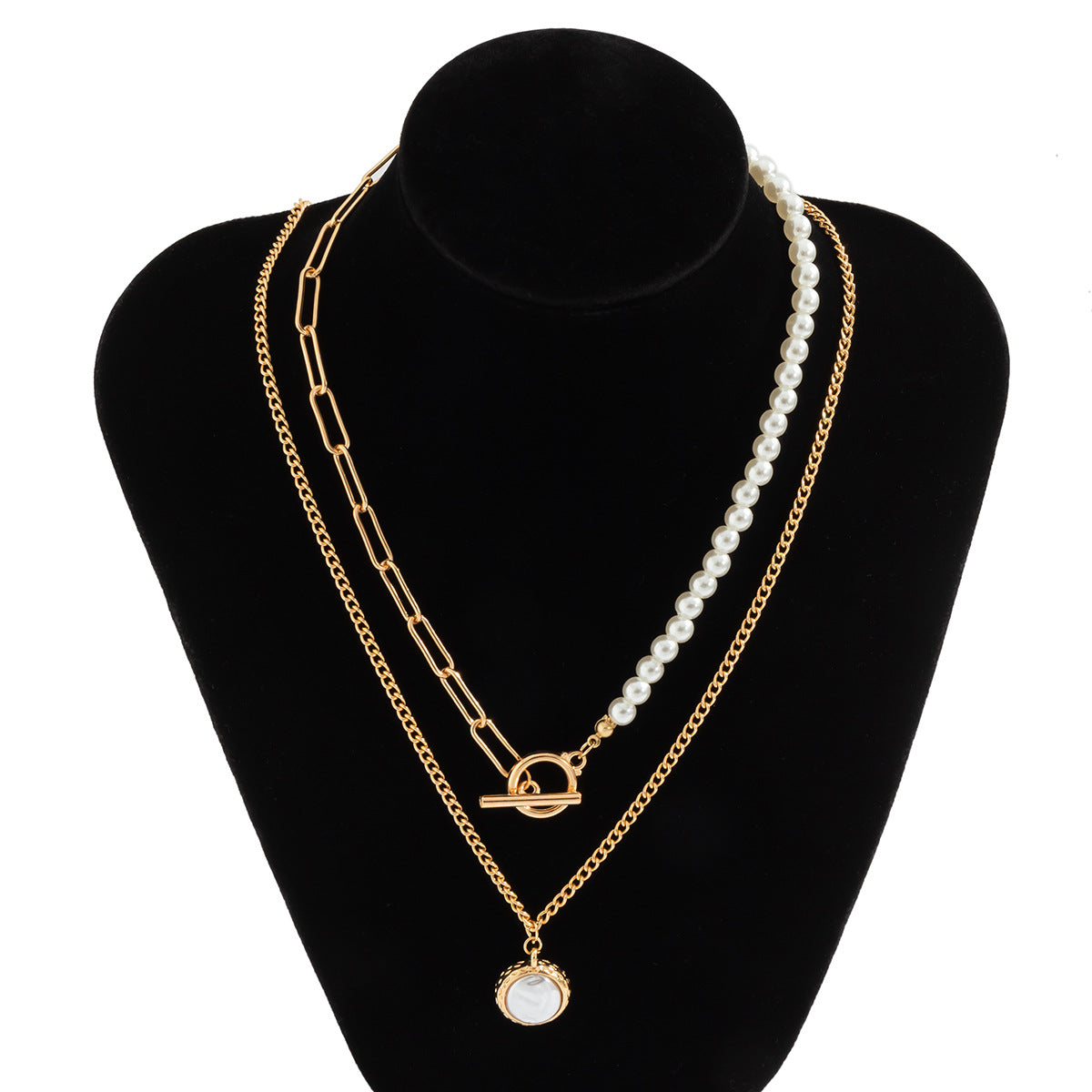 Collana Vintage con Pendente Rotondo Geometrico in Lega, Catena a Croce e Placcatura in Rodio