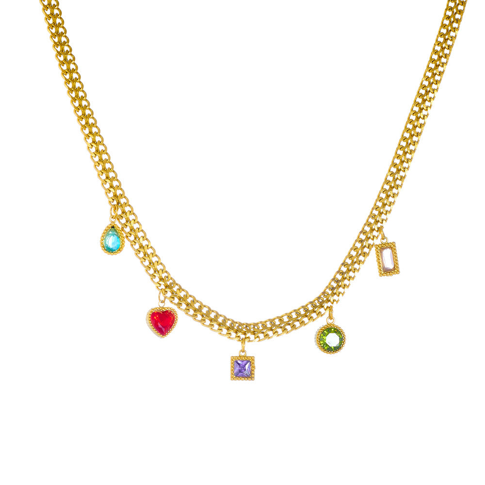 Fashionable Minimalist Heart-Shaped Rhinestone-Embellished Gold-Plated Stainless Steel Choker Necklace with Snake Chain for Women