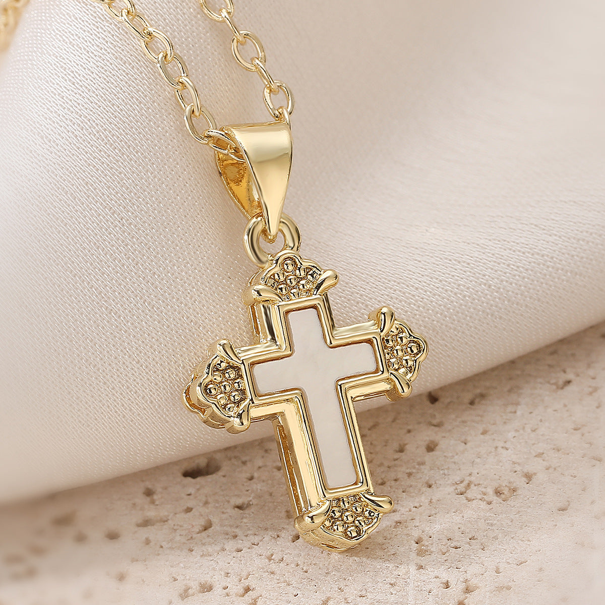 Minimalist 18K Gold Plated Brass Micro-inlay Shell Cross Pendant Necklace for Women