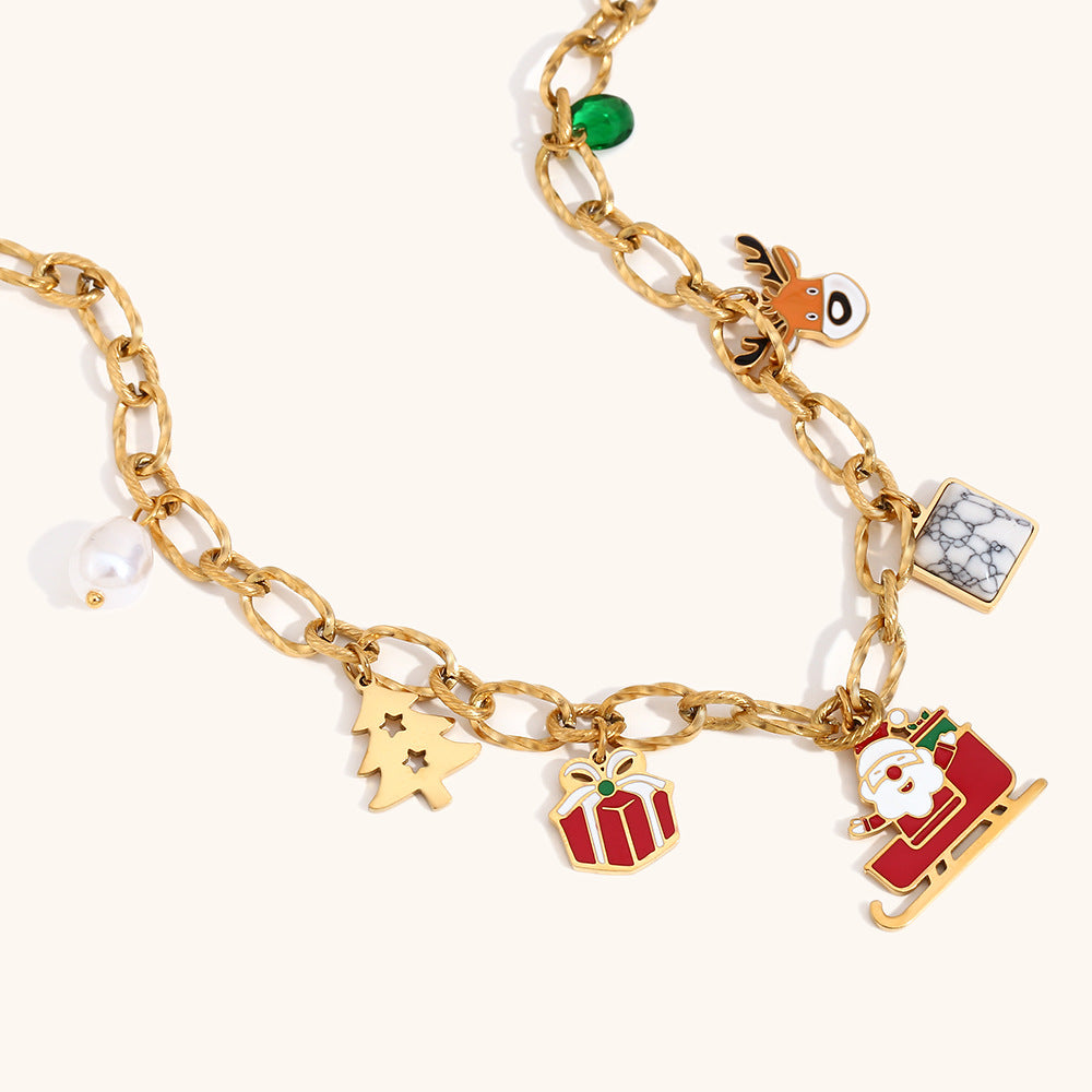 Collar de trineo de Navidad de moda con colgante de reno en acero inoxidable con baño de oro de 18K para mujer