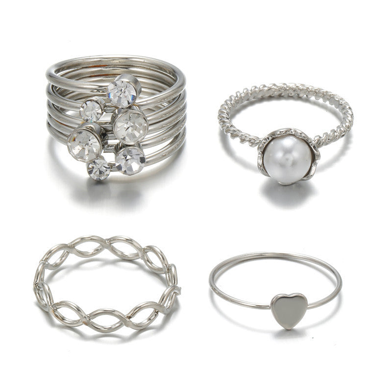 Set di Anelli da Donna Minimalisti in Lega Geometrica in Stile Francese con Strass e Perle