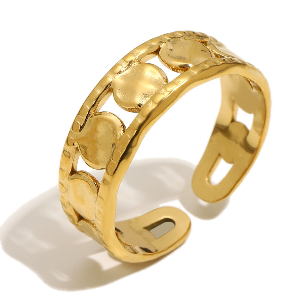 Elegant Luxury 18K Gold Plated Stainless Steel Round Geometric Rhinestone Open Ring for Women