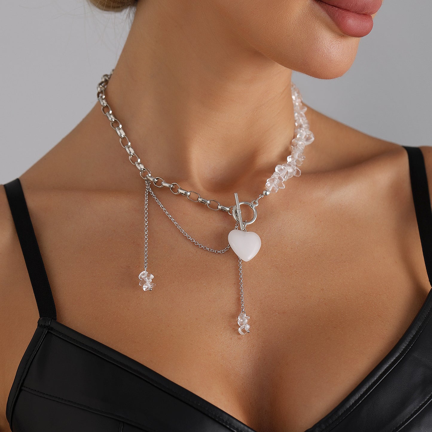 Casual Heart Geometric Alloy Plated Necklace with Irregular Transparent Stone Beads and OT Bar Clasp for Women