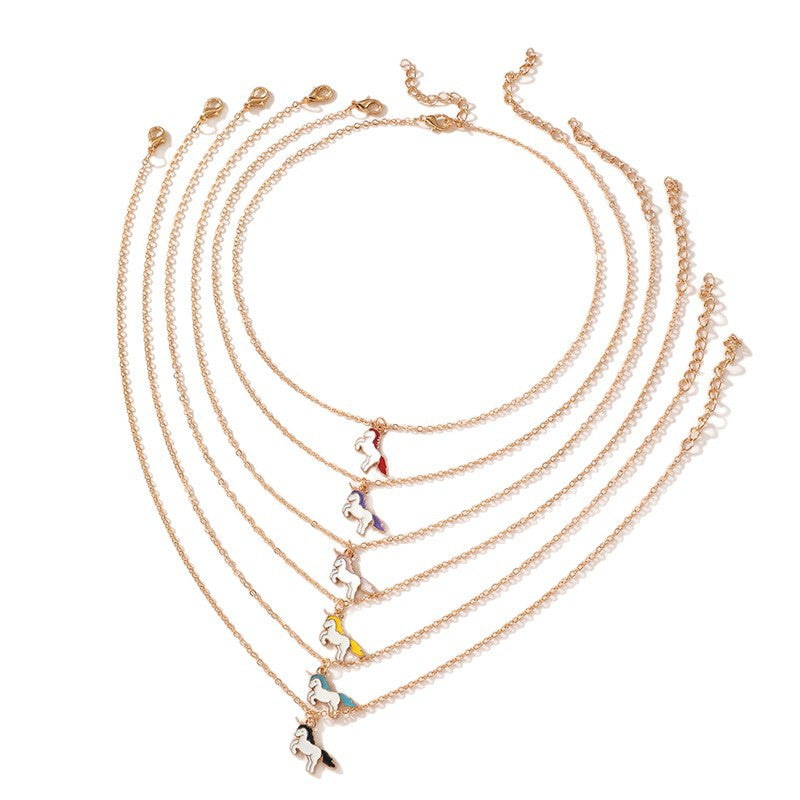 Set di Collane Minimaliste in Lega con Fiocco per Bambini con Ciondoli a Forma di Unicorno Smaltato e Cavallo Cartone Animato