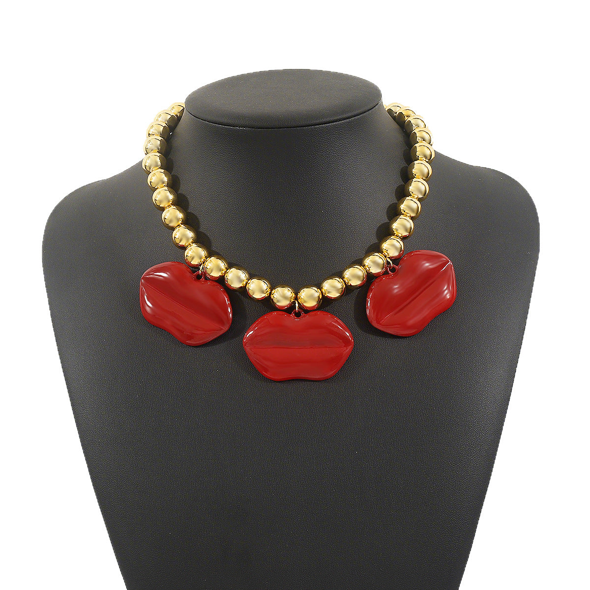 Fashionable Lip-Shaped Pendant Necklace with Enamel Finish in Alloy for Women, Summer Statement Beaded Jewelry