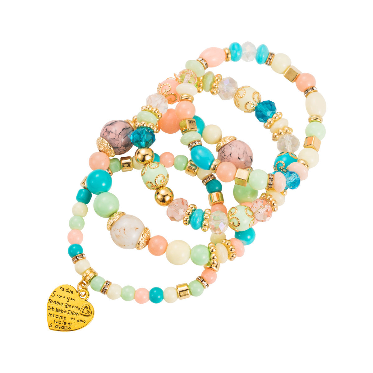 Bohemian Style Heart-Shaped Alloy Beaded Stretch Bracelet with Plated Finish