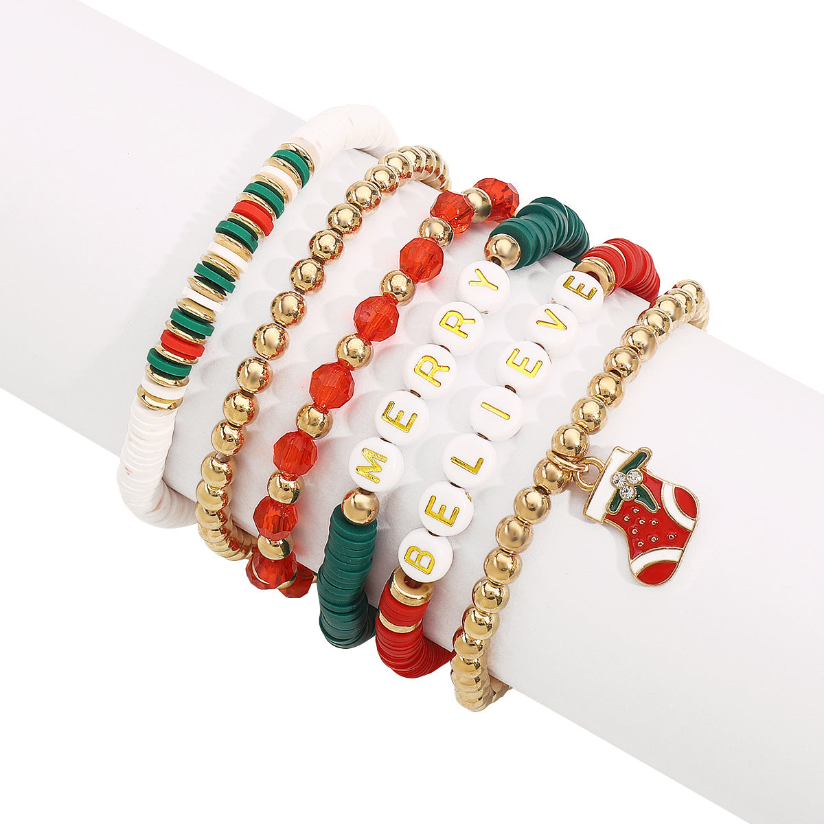 Sweet Handmade Polymer Clay Alphabet Beaded Bracelet with Alloy and Crystal Accents for Christmas Holiday Gift