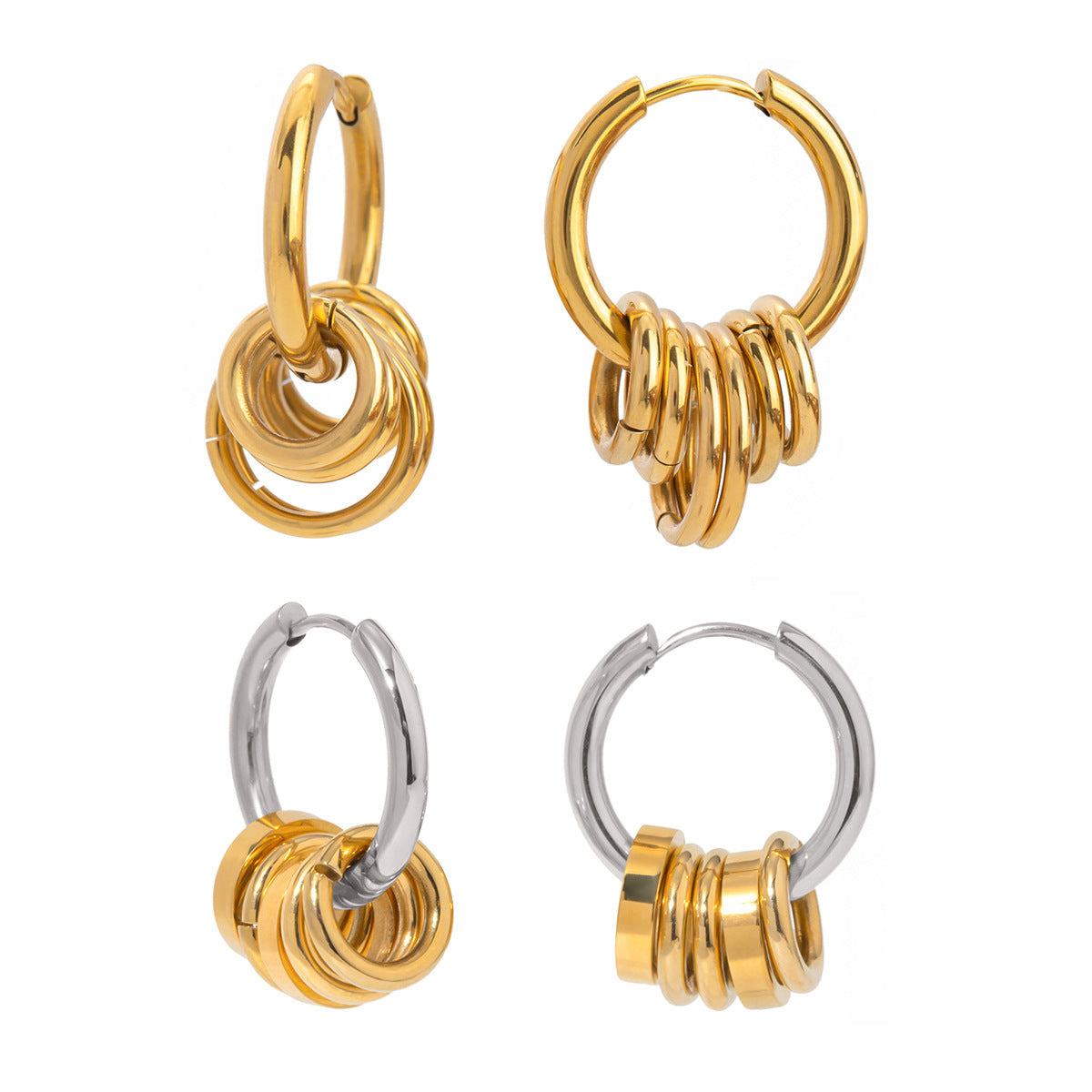 Two-Tone Polished Stainless Steel Round Hoop Earrings with Five Gold Plated Rings