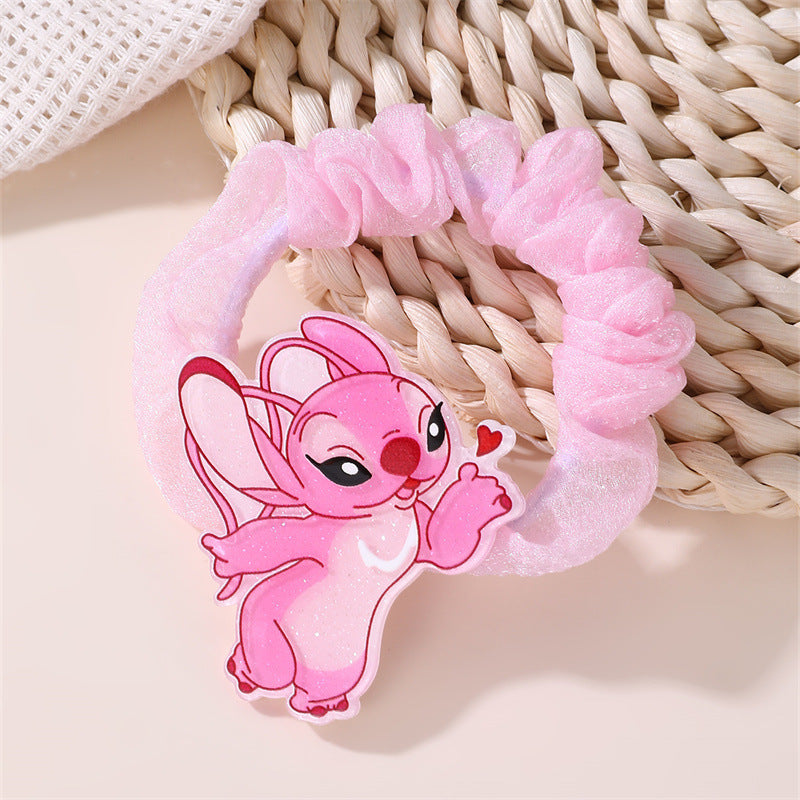 Cute Pink Stitch Hair Tie for Girls Cartoon Character Elastic Ponytail Holder Knitted Bow Headband Accessory