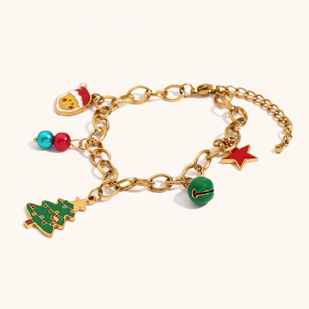 Bracciale con ciondolo ad albero di Natale e stella, grazioso, in acciaio inossidabile con placcatura in oro 18 carati da donna