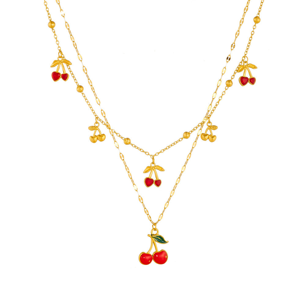 Sweet Rhinestone Drip Oil Cherry Fruit Pendant Gold Plated Stainless Steel Singapore Chain Necklace for Women