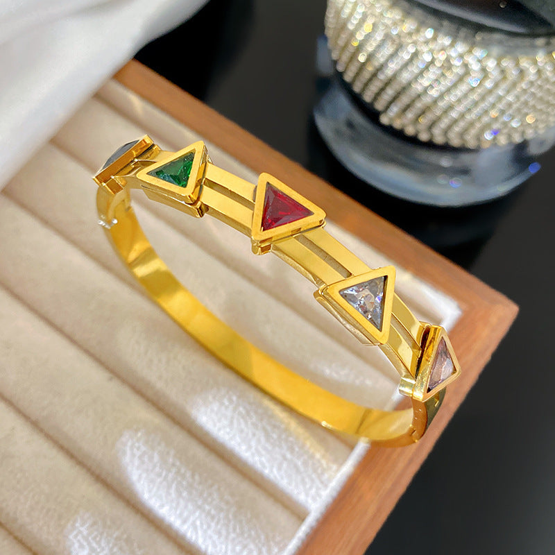 Minimalist Triangle Geometric Cubic Zirconia Plated Titanium Steel Bracelet for Women