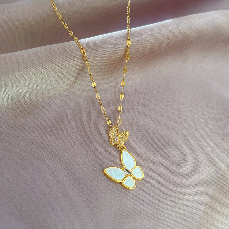 Luxury Titanium Steel Butterfly Pendant Necklace for Women with Micro-Pavé Gold Accents, Delicate Clavicle Chain