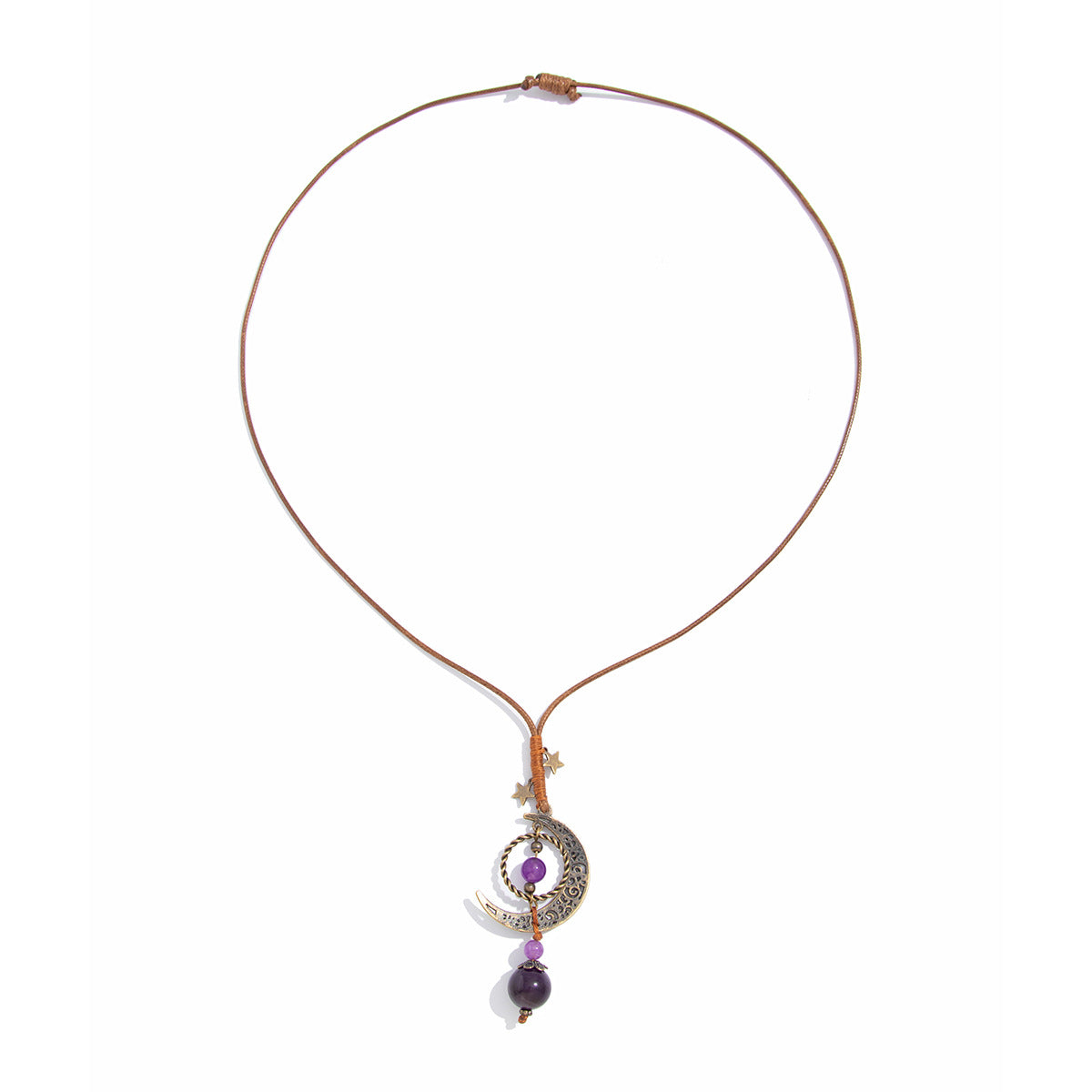 Collar colgante vintage de luna y estrella geométrica con dije de aleación en cordón de cuero para mujer