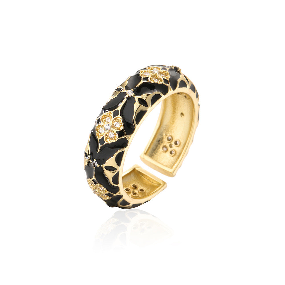 Anello aperto da donna bohémien vintage geometrico in rame placcato oro 18 carati con finitura smaltata