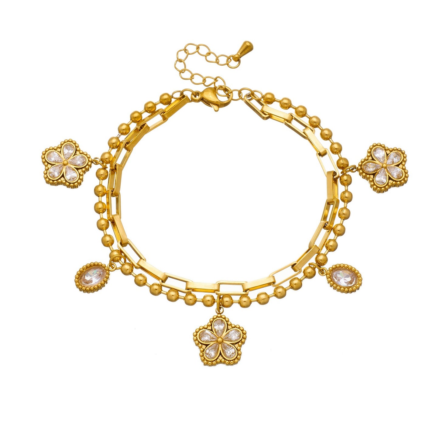Minimalist Elegant Gold Plated Stainless Steel Floral Teardrop Rhinestone Double Layer Bracelet for Women