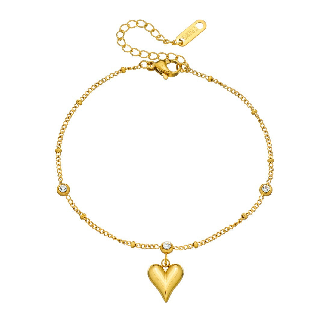 Minimalist Gold Plated Stainless Steel Heart Rhinestone Bracelet for Women