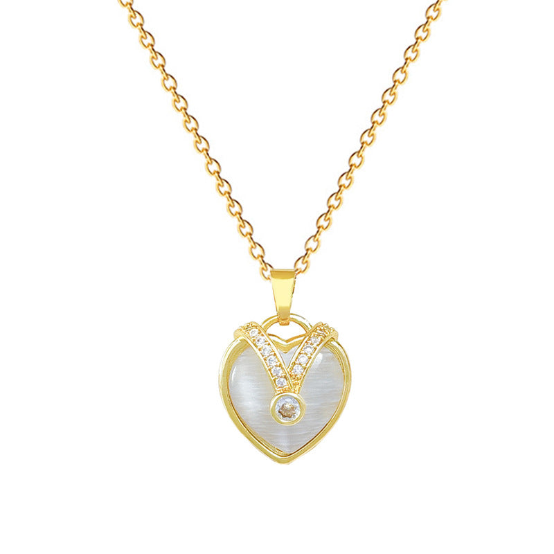 Sweet Luxury Heart Cat's Eye Rhinestone Pendant Titanium Steel Necklace for Unisex