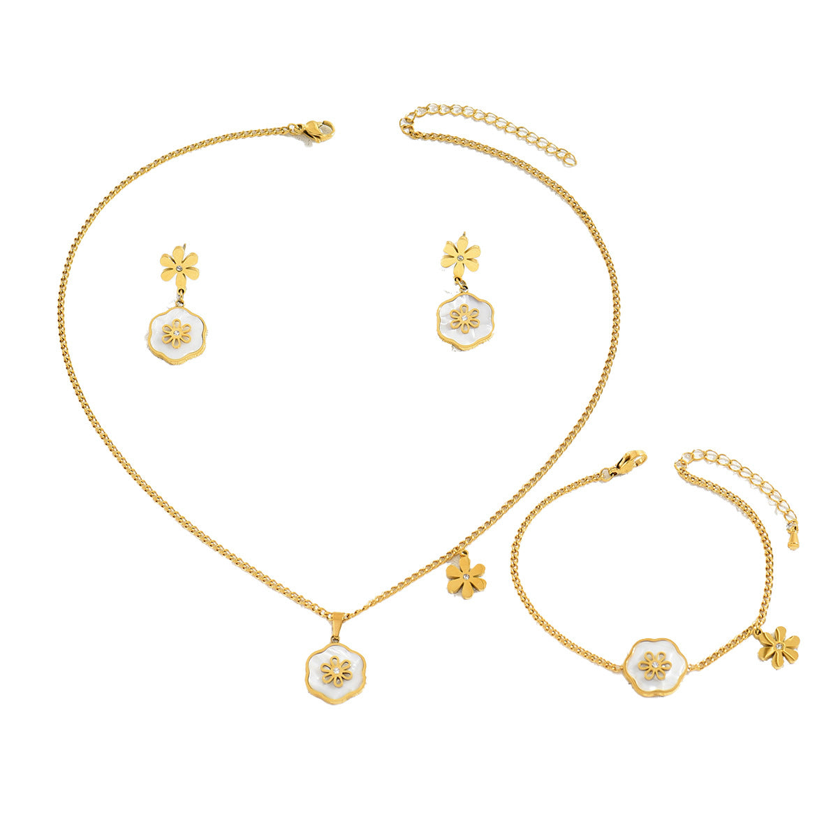 Juego de collar, pendientes y pulsera de cobre estilo floral fresco y dulce con incrustaciones de nácar para mujer